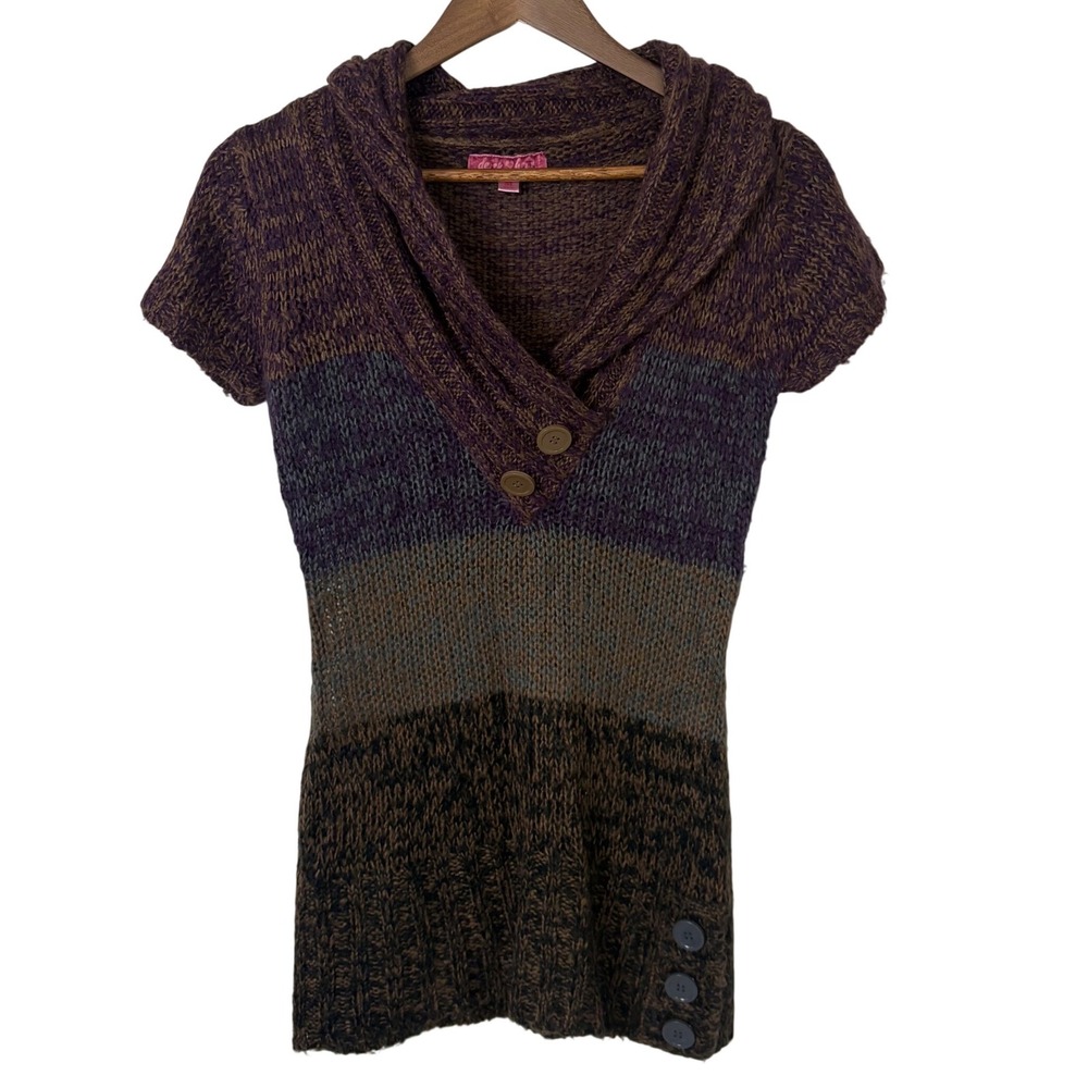 Y2K Knit Sweater Tunic Womens M Purple Brown Colorblock Shawl Collar Boho Earthy